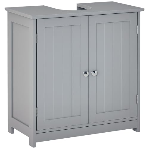 kleankin Under Sink Bathroom Cabinet, Freestanding Under Sink Cabinet with 2 Doors and Adjustable Shelf for Basin without or with Pedestal, Grey