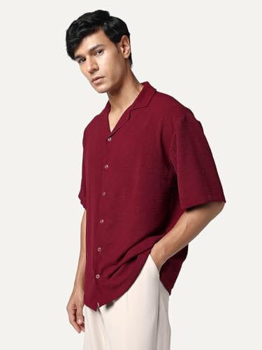 Image of Urbano Fashion Men's Cotton Half Sleeve Relaxed Fit Textured Shirt with Cuban Collar