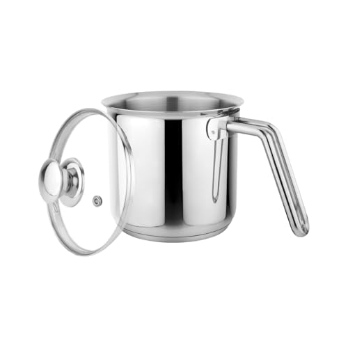Prabha Stainless Steel Milk Pot with Handle 17cm 2.5 Litre | Milk Boiler Glass Lid Steam Vent | Kitchen Tea Container Water Boiling | Coffee/Milk Warmer, Even & Faster Heating | Induction & Gas Stove