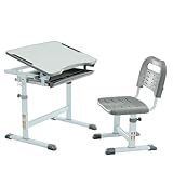 Diroan Kids Multifunctional Desk and Chair Set, Height Adjustable Children School Study Desk with Tilt Desktop, Metal Hook and Storage Drawer for Boys Girls.Grey
