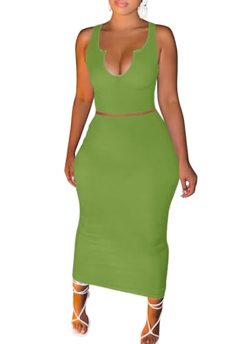Image of Women Sexy Two Piece Skirt Outfits Long Sleeve /Sleeveless V Neck Bodycon Ribbed Knitted Maxi Club Party Dress