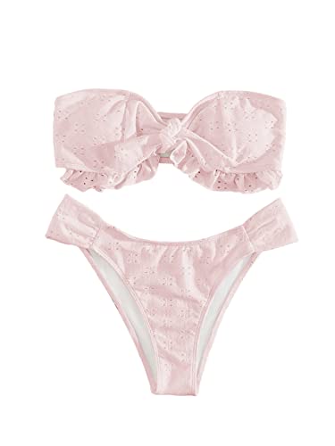 WDIRARA Women's Ruffle Knot Front Bandeau Bikini Set 2 Piece Strapless Swimsuit