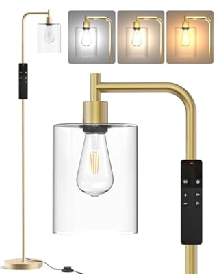 PAZZO Floor Lamp with Remote, Industrial Standing Floor Lamp with Glass Lampshade, Modern Floor Lamp Ideal for Living Room Bedroom Office,Gold