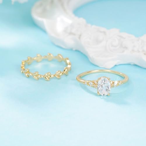 2pcs/set Gold Plated Cubic Zirconia Inlaid Wheat Leaf Design Stackable Engagement Ring Set Wedding Bridal Band Promise Rings Evening Parties Anniversary Valentine's Day Gifts Eternity Bands for Women3