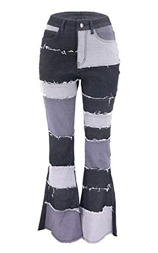 FOURSTEEDS Women's High Waist Patchwork Flared Jeans Hippie Color Blocked Distressed Bells Bottom Denim Pants
