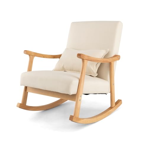 GIANTEX Fauteuil a Bascule en Bois d'Hévéa, Chaise a Bascule avec Accoudoirs Incurvés, Dossier Ergonomique, Siège Rembourré, Coussin Lombaire, Fauteuil Allaitement...