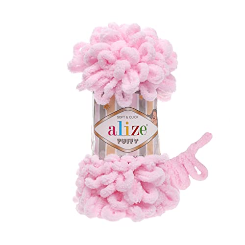 Alize Puffy Knitting Yarn 100 g, Patented Innovation, Loop Knitting without Needles, Colour: 31 Baby Pink