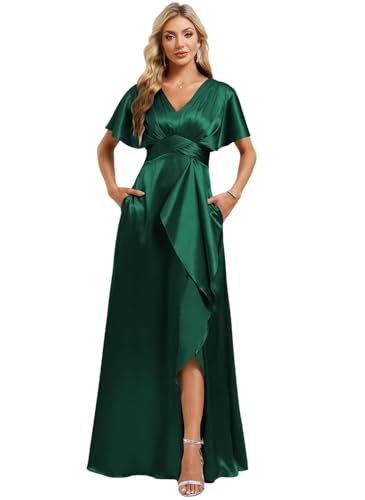 Image of Elegant Satin Bridesmaid Dress with Sleeves Ruffles High Silt Formal Dresses Long for Women Fall DIN022