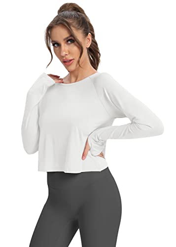 Mippo Womens Long Sleeve Workout Shirts Athletic Shirt Yoga Top Gym Wear Open Back Workout Top Cropped Workout Top Work Out Tshirts Pilates Clothes For Women White S #TOP1