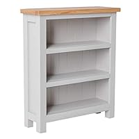 Farrow Small Living Room Grey Bookcase for Small Spaces | Roseland Furniture Contemporary Low Painted Pine Solid Wooden Childrens Bookshelf with 3 Shelves with Oak Top for Bedroom or Hallway