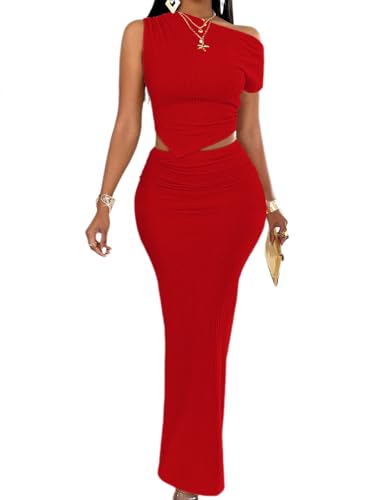 Image of BARASA Two Piece Sets For Women Summer One Shoulder Tops Bodycon Maxi Skirt Set Vacation Sexy Outfits DSA75