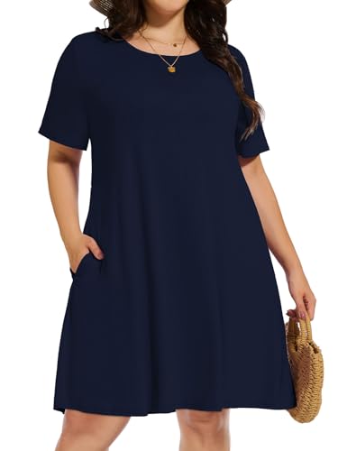elescat Plus Size Summer Dresses for Women Casual Short Sleeve Pockets Loose Oversized T Shirt Sundress (Navy Blue, 3XL)