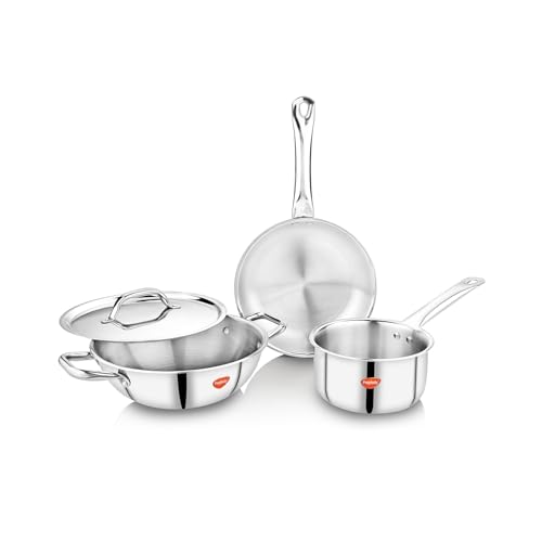 Image of Praylady Triplus Aura Triply Stainless Steel Cookware Set (4 Piece) | 2.5mm Thick with 3 Layer | 24cm Kadai with Lid, 22cm Fry Pan, 16cm Saucepan | Induction & Gas Compatible | 304 Food Grade Steel