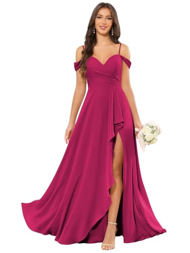 Off The Shoulder Bridesmaid Dresses for Women Chiffon V Neck Ruched Formal Evening Gown with Slit