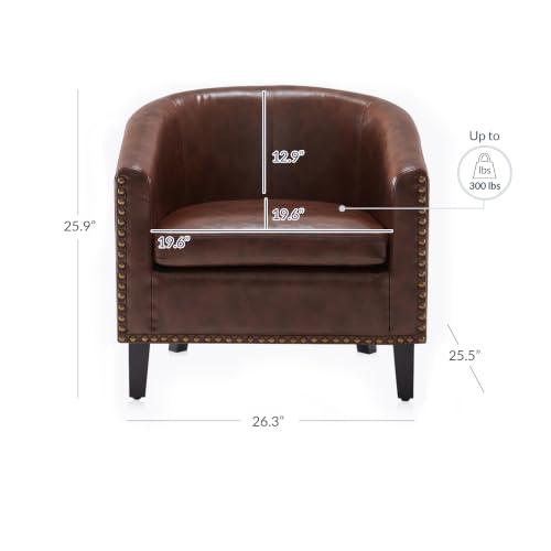 Image of BELLEZE Accent Barrel Chair, Set of 2 Modern Faux Leather Tub Club Chair Upholstered Armchair with Gold Nail Head Trim and Black Legs for Living Room Bedroom Apartment Lounge - Brown