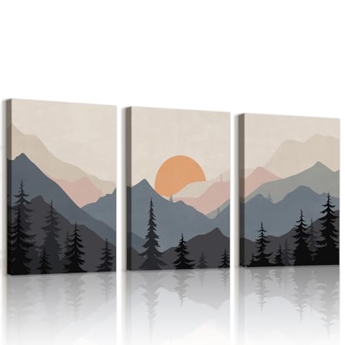 WENGTIAO 3 Pièces Vintage Montagne Paysages Tableau Decoration Murale, Abstraite Coucher du Soleil Nature Forêt Impression sur Toile pour Decoration Murale...