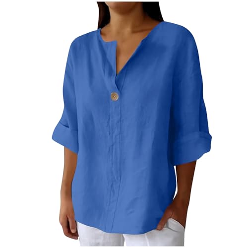 Blusa de verano de lino y algodón para mujer, blusas de cuello en V con muesca, estilo casual, holgada, manga 3/4, blusa larga para mujer, talla grande, Henley Today 2025, azul, 4XL