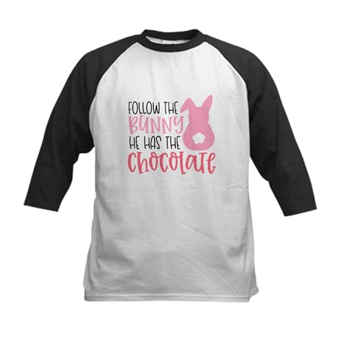 CafePress Follow The Bunny He Has The Chocol Baseball Jersey Kids Cotton Baseball Jersey, 3/4 Raglan Sleeve Shirt Black/White