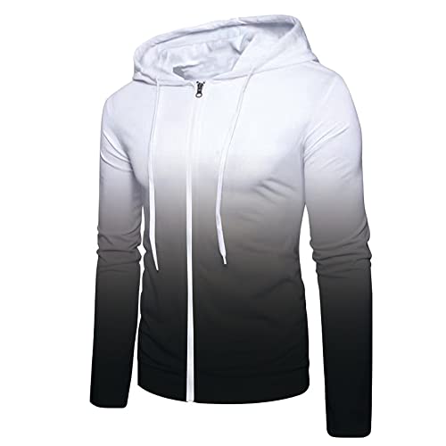 BREEWO Mens Fashion Sweatshirt Slim Fit Gradient Design Mens Hooded Jacket Youth All-Match Mens Sport Jacket Casual Zip Placket Mens Transition Jacket H-White XXL