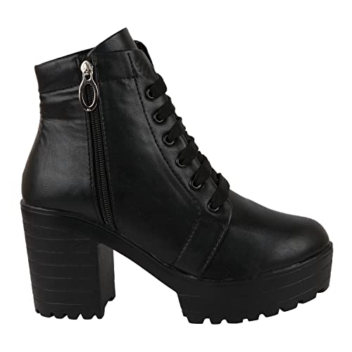 Shoetopia Women Zipper & Lace Up Block Heeled Boots