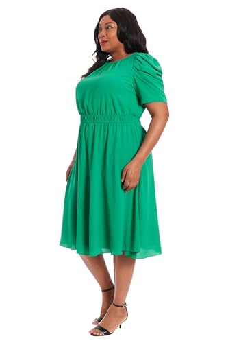 Image of London Times Women's Caterpillar Puff Sleeve Midi Dress - Gathered Waist A-Line Flowy Summer Dress
