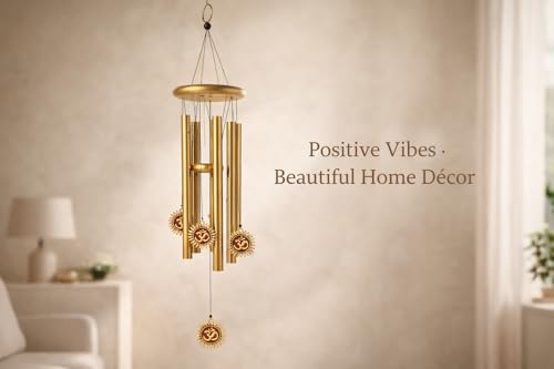 Image of Om Design Metal Wind Chime for Home Decor | Golden Hanging Wind Chimes for Balcony, Garden & Temple | Vastu & Spiritual Decorative Item