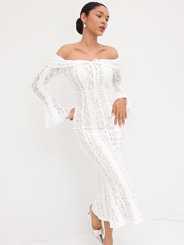 CIDER Wedding Guest Dress Lace Floral Long Sleeve Off Shoulder High Waist Knotted Maxi Formal Dress3