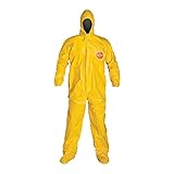 DuPont QC122SYL2X00 Tychem QC Chemical Protection Coveralls with Serged Seams, Front Zipper Closure, Attached Hood & Sock Boots, Elastic Face & Elastic Wrists, 2X, Yellow