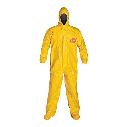 DuPont QC122SYL2X00 Tychem QC Chemical Protection Coveralls with Serged Seams, Front Zipper Closure, Attached Hood & Sock Boots, Elastic Face & Elastic Wrists, 2XL, Yellow