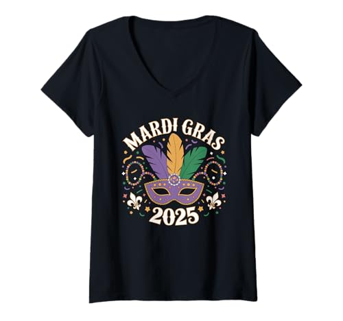 Mujer Mardi Gras 2025 - Máscara de cuentas para mujeres y niñas, fiesta de Nueva Orleans Camiseta Cuello V