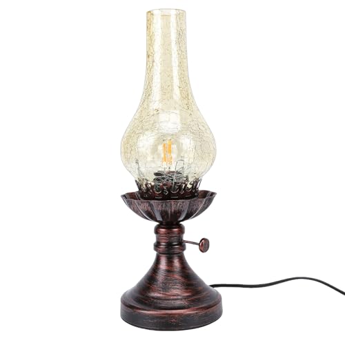 SIXRUN Lampada da Tavolo Vintage, Paralume in Vetro Soffiato Color tè con Base in Ferro Invecchiato, Illuminazione Calda da 40W per Comodino o Scrivania (Spina europea 220V)