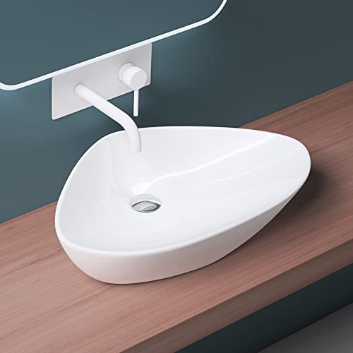 Mai & Mai Bathroom Sink Basin Countertop Wash Basin | Ceramic White Irregular | WDH: 59x39x13cm | Modern Design Bathroom Vessel Sink | Nano-coating Brüssel215