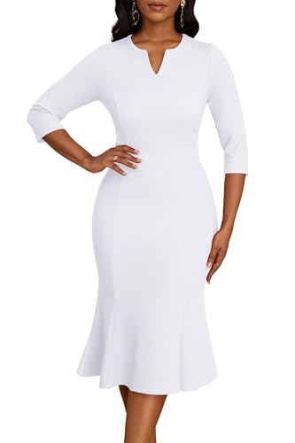 Nmoder Womens Wedding Guest Dress|Cocktail Mermaid Bodycon Church Fishtail Midi Dresses 3/4 Sleeve V-Neck White XL