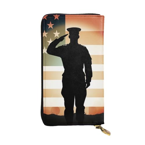 Womens Wallet Leather Slim Wallet Long Card Holder Case Zip Clutch Thank You Soldier Saluting America Flag Travel Purse