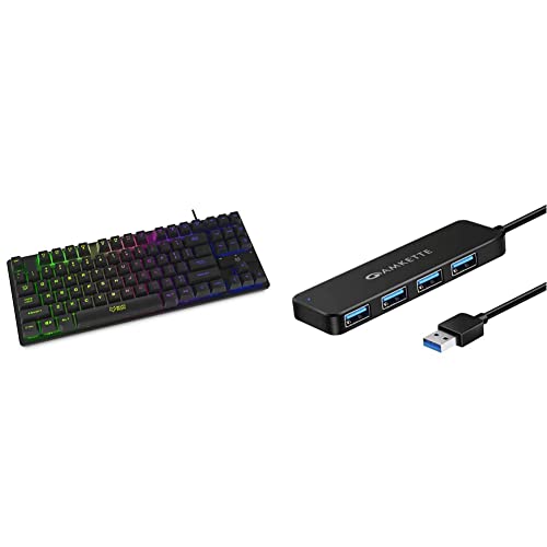 Image of Amkette EvoFox Fireblade Gaming Keyboard with Compact TKL Design, LED Backlit (Wired) (Black) & 4 Port Superspeed USB 3.0 Hub with Charging Function and 0.8 Meter Built-in Cable (Black)