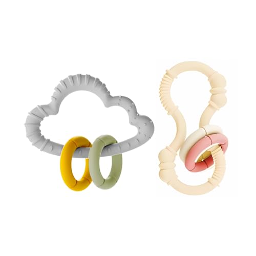 Image of Cloud and Mini Silicone Teething Toys with Movable Rings - BPA Free, Soft and Safe Teething Relief, Ideal for New Parents and Infant Care, Set of 2 (Gray & Cream)