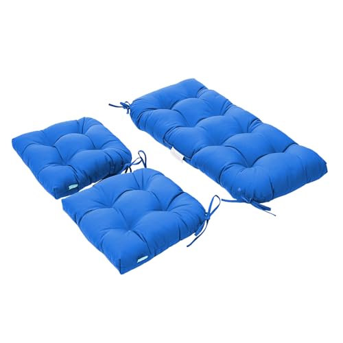 Image of QILLOWAY Outdoor Patio Cushions Set of 3, Wicker Furniture Cushions with Ties, Waterproof Loveseat & Seat Cushions for Patio Bench, Porch Chair, Outdoor Replacement Cushions, Blue