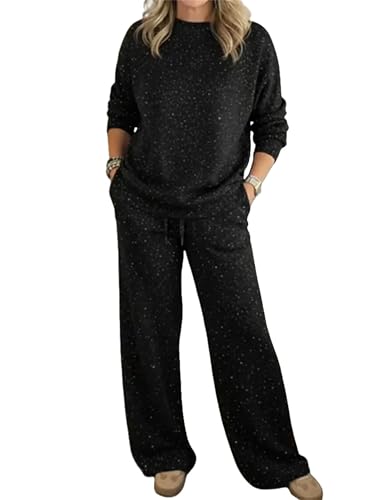 Womens Two Pieces Lounge Set Clothes Cozy Travel Crew Neck Shiny Sweatshirt and Pant Sweatsuit Fashion Travel Outfits (01, M)