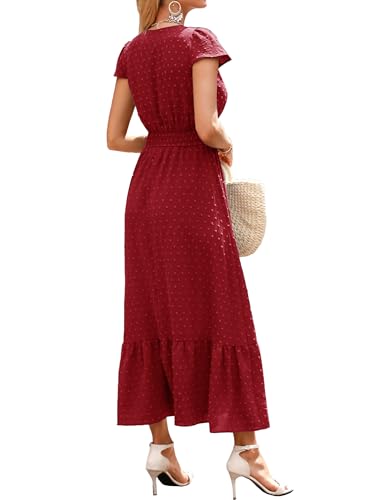 Image of CzzzyL Women Nursing Boho Maxi Dresses Cap Short Sleeve V Neck Swiss Dot High Waisted A-Line Ruffle Tiered with Pockets