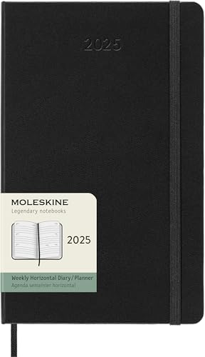 Moleskine Weekly Planner, Agenda Semanal Horizontal 12 Meses 2025, Tapa Dura y Cierre Elástico, Color Negro, Formato Grande 13x21 cm