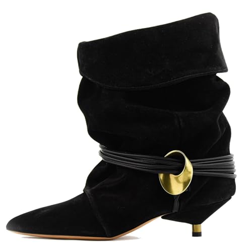 Seborluys Womens Black Suede Ankle Kitten Heel Boots Slouchy Ankle Booties Pointed Toe Wide Calf Fold Over Slouch Cowboy Boots Low Heel Slip On Causal Dressy Comfortable Short Booties,Size 7 by Seborluys - Used condition - Image 4