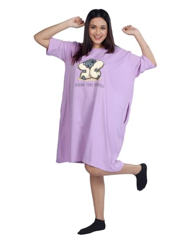 Image of LAMA STORE Women's Printed Oversized T-Shirt Dress, Cotton, 3 /4 Sleeve Length, Casual Loose Fit, Comfort Wear Extra Comfy Oversized Printed Pocket T-Shirt Dress