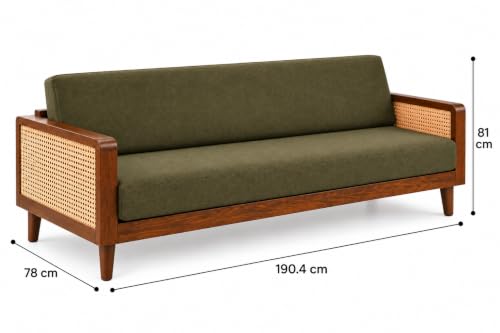 Image of Sainistree Sheesham Wood 3+2 Seater Sofa | Solid Wood Cane & Rattan Sofa for Living Room | Mid-Century Modern Accent Sofa | Green Upholstery, Teak Brown Finish