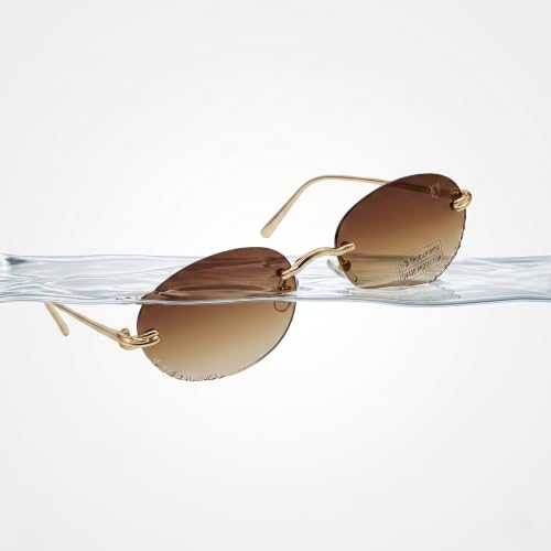Image of UV Protected Aurora Edge Rimless Photochromic Sunglasses for Men & Women | Oval Sunglasses | Golden Frame | Brown Gradient Lens | Lightweight Fashion Eyewear for Driving, Travel
