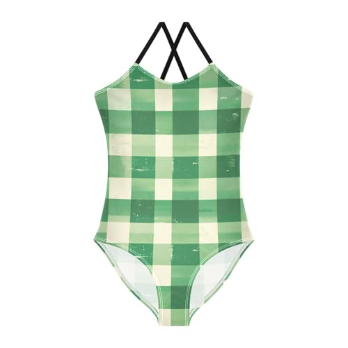 KLL Buffalo Plaid Green Toddler Girl 1 Piece Swim Suit Summer Swimming Suits with Adjustable Straps Cute