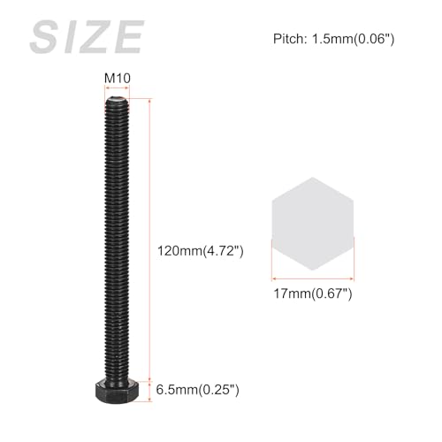 Image of METALLIXITY Hex Bolts (M10-1.5x120mm) 3Pcs, Carbon Steel Fully Threaded Black Oxide, Coarse Thread UNC Hex Head Screw Bolt - for Furniture Repair