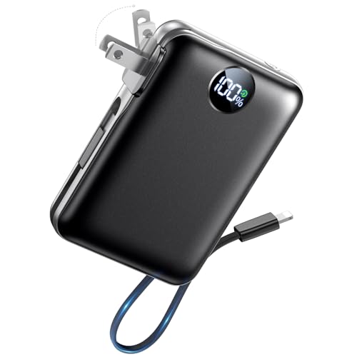 Portable Charger with Built in Cables & Wall Plug,10000mAh Power Bank, 4 Outputs,22.5W USB C Fast Charging,Slim Travel Essential Battery Pack with LED Display for iPhone 17/16/15/14 Series, Samsung