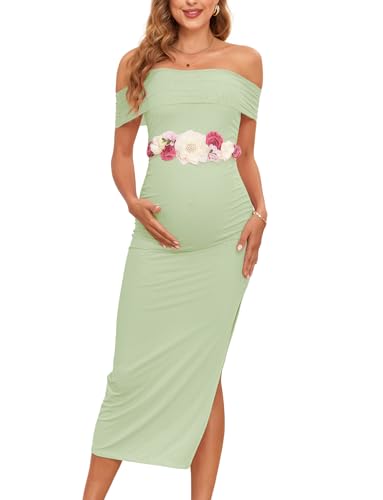 Image of AISWI Maternity Mesh Split Dress Off The Shoulder Ruched Bodycon Pregnancy Dresses Baby Shower Photoshoot, Without Belt, Sage Green, Small