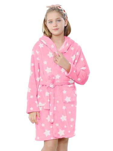 Image of Umeyda Girls Fleece Hooded Robes, Warm Printed Bath Robe for Kids Soft Fuzzy Bathrobe for Gifts