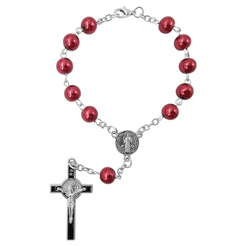 TALISMAN4U Sacred Saint Benedict Medal One Decade Catholic Rosary for Car Rearview Mirror Glass Pearl Beads Auto Rosaries Bracelet for Women Men St Benedict Crucifix Religious Gift